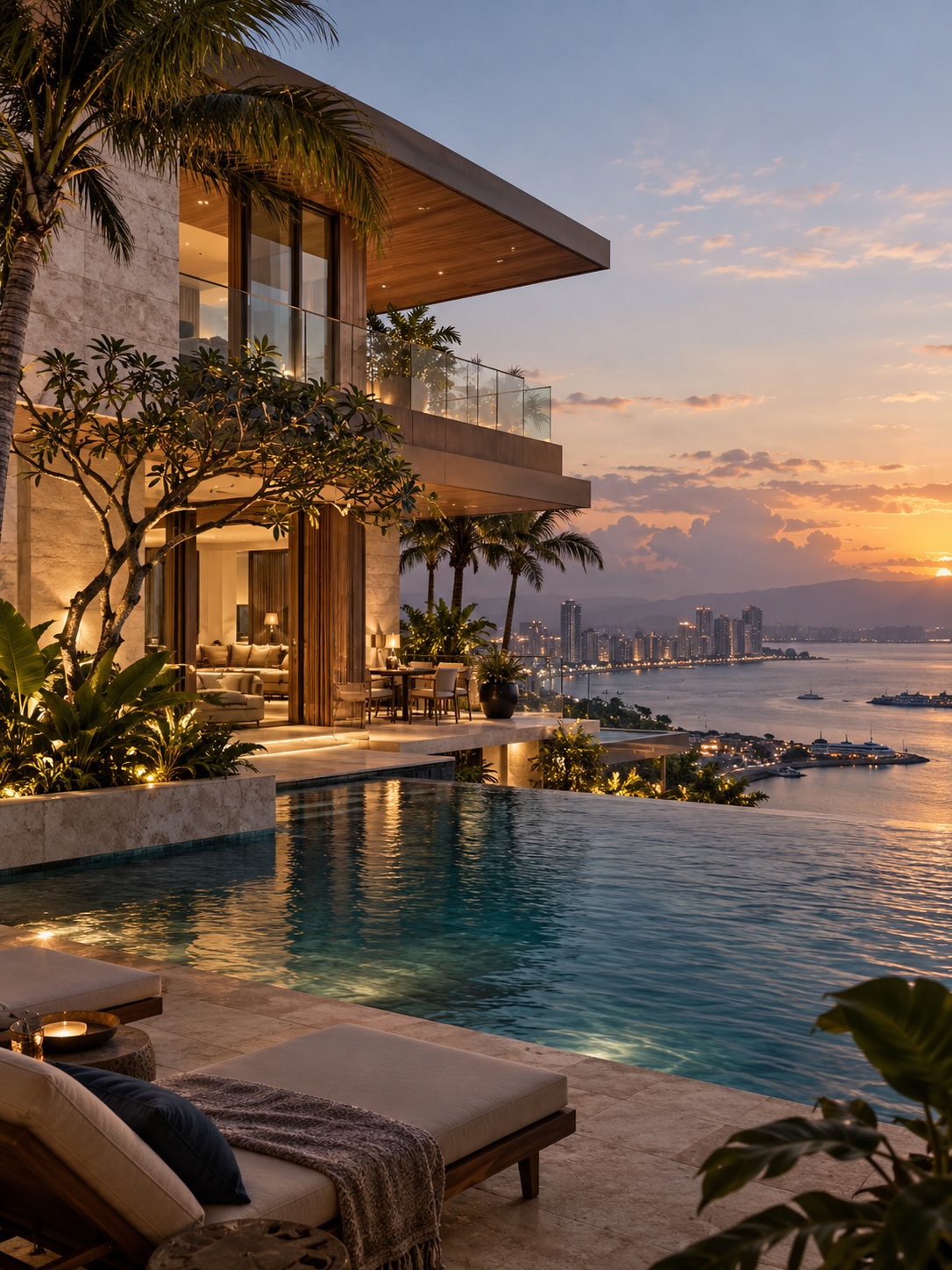 Architekturvision einer modernen Küstenresidenz mit Pool, Palmen und Skyline auf den Philippinen