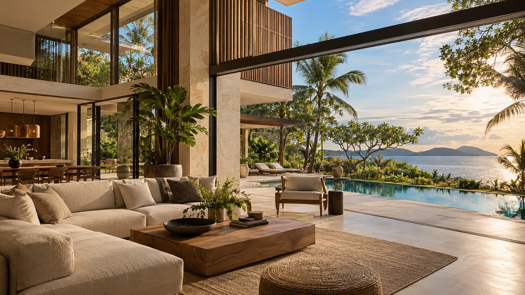 Architekturvision eines modernen tropischen Hauses mit offenem Wohnbereich, Garten und Pool
